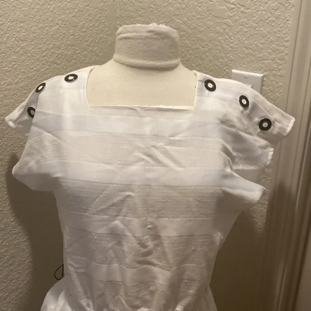 Vintage Andrea & Adam White Striped Vintage Midi Dress Square Neck Sz Lg - Picture 2 of 12